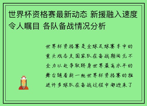 世界杯资格赛最新动态 新援融入速度令人瞩目 各队备战情况分析
