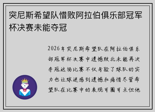 突尼斯希望队惜败阿拉伯俱乐部冠军杯决赛未能夺冠 突尼斯希望队惜败阿拉伯俱乐部冠军杯决赛未能夺冠